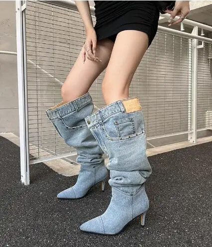 

Autumn Women Blue Black Denim Loose Big Calf Pointed Toe 7 CM Thin Heels Pleated Knee High Boots Female Tube Slip On Long Boots