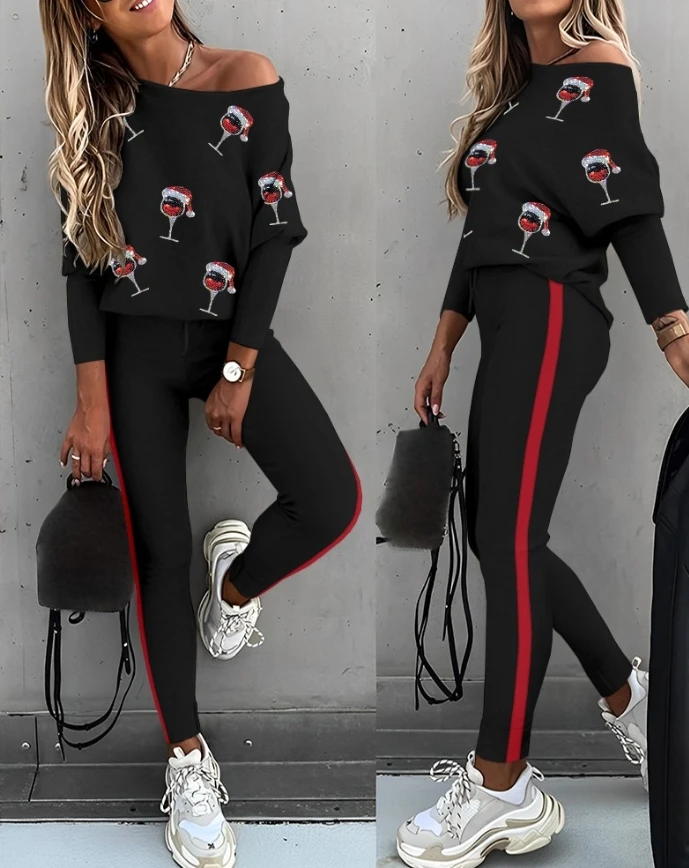 

Women Two Piece Outfits Christmas Wine Glass Pattern Contrast Sequin Skew Neck Long Sleeve Sweatshirt Casual Pants Tracksuit Set