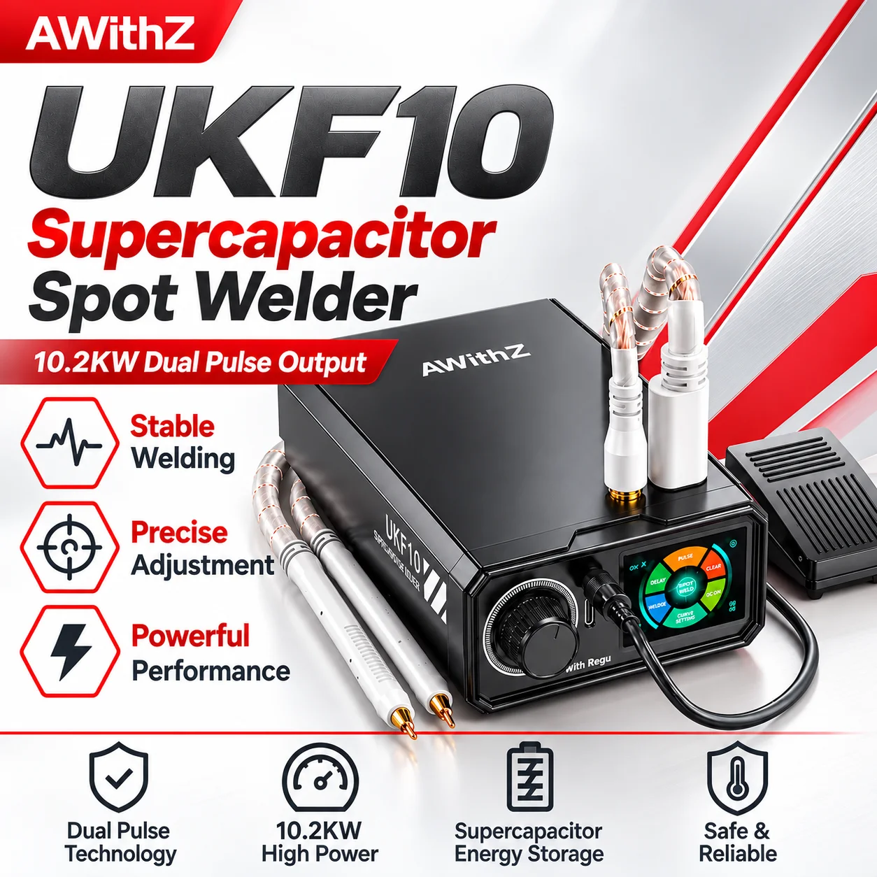 AWithZ UKF10 Supercapacitor Spot Welder with Dual Pulse Control for 18650 Lithium Battery Pack Nickel Strip DIY Repair
