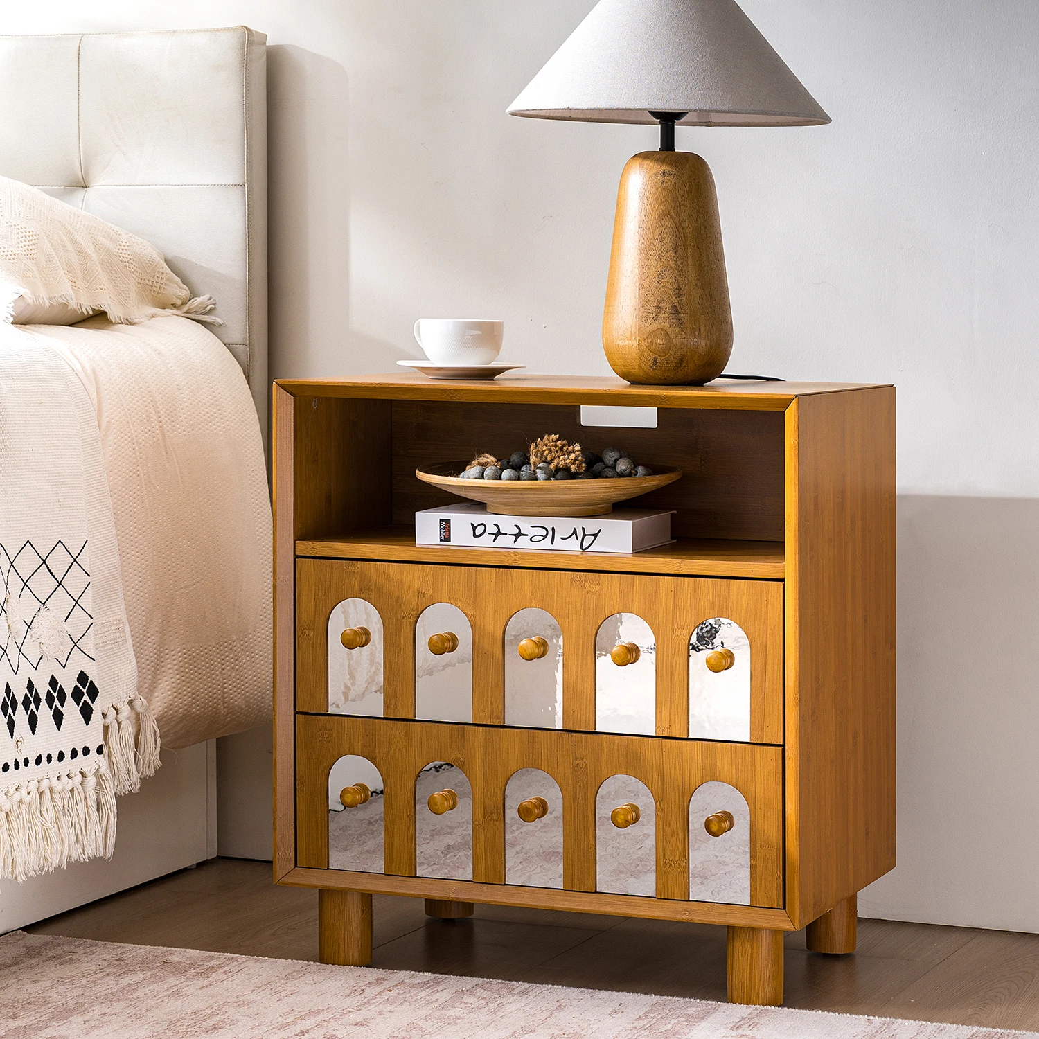 Modern European Style Two-Drawer Nightstand Oak Bedside Cabinet With LED Light Assembled For Apartment Or Bedroom Hospital Use