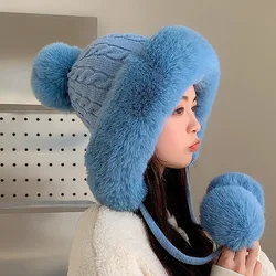 Korean Winter Lake Blue New Knitted Woolen Hat Three Ball Set Head Hat Adult Unisex Plush Warm Ear Protection Hat 2023