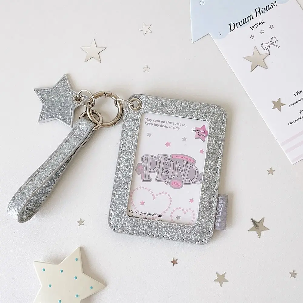 Glitter PU Photocard Holder with Wrist Strap Shiny Star Charm Photocard Case Decoration Waterproof Photocard Display Sleeve