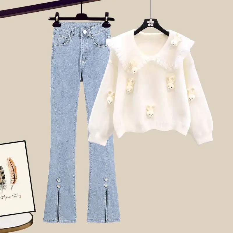 Spring and Autumn Collection 2024 New Small Fragrant Style Set Navy Collar Premium Sweater Split Jeans Women's Two Piece Set