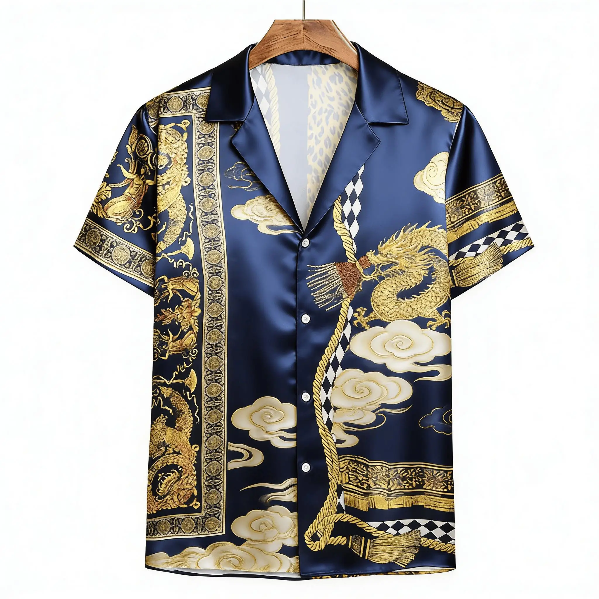 Men's Luxury Golden Print Short Sleeve Shirt, Exotic Oriental Style Button Down for Spring Summer Vacation