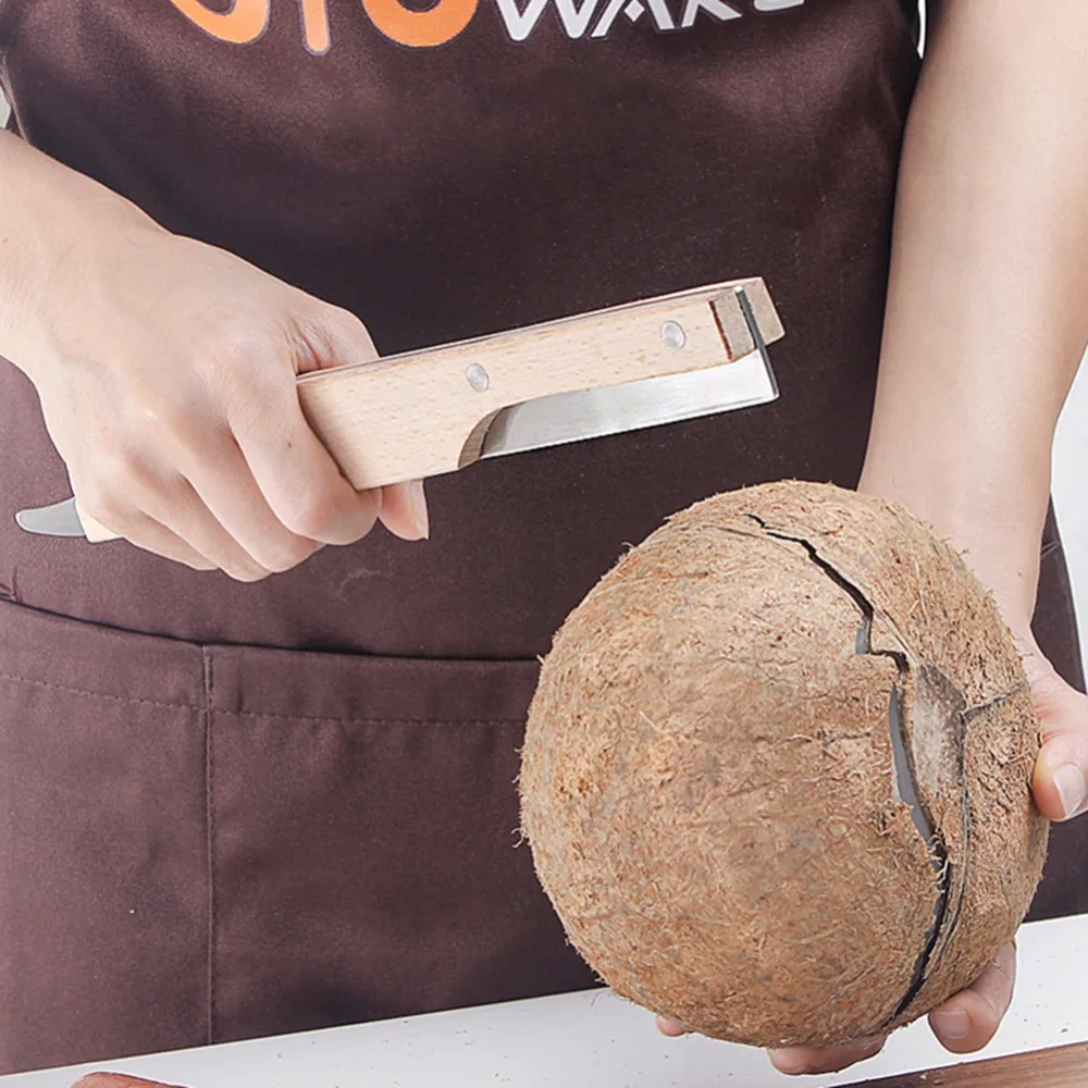 Stainless Steel Coconut Breaker Tool Wooden Handle Double-Ended Design Coconut Cracker Gadget Multi-Functional Labor-Saving