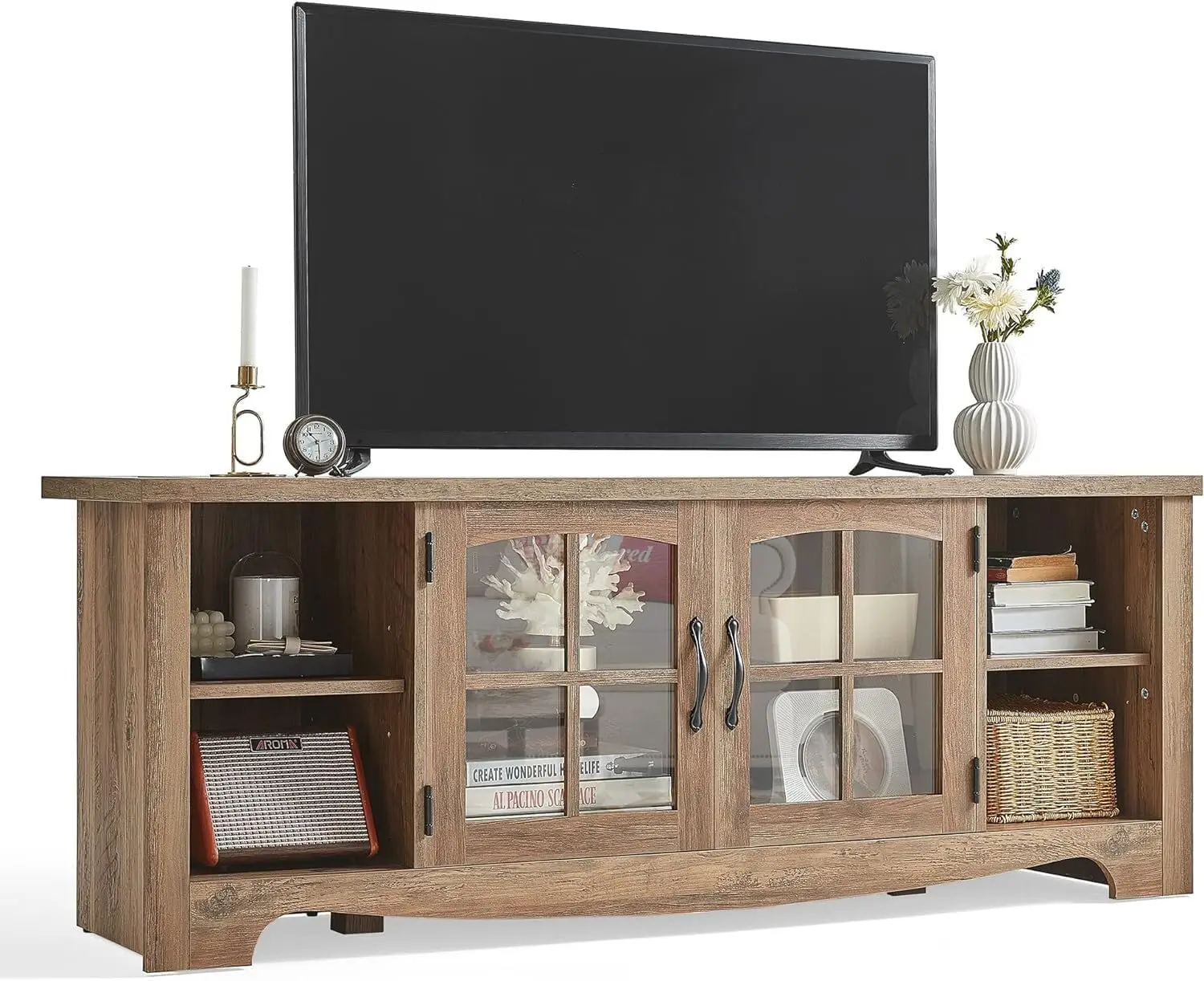 

Farmhouse TV Stand for 65 Inch TV, Wood Entertainment Center with Glass Door Storage Cabinet & Adjustable Shelves, Large Sturdy