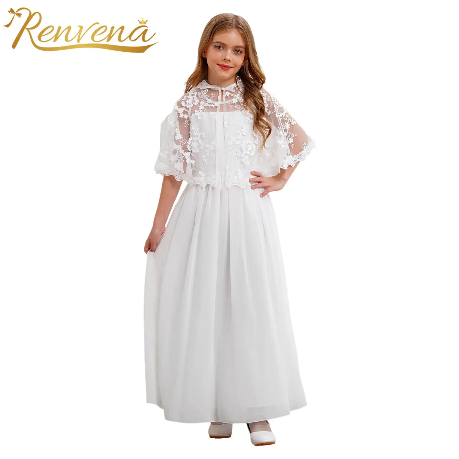 

Kids Wedding Party Dress for Girls Gown Birthday Elegant Tulle White Dress with Floral Lace Hooded Cape Flower Girl Clothes