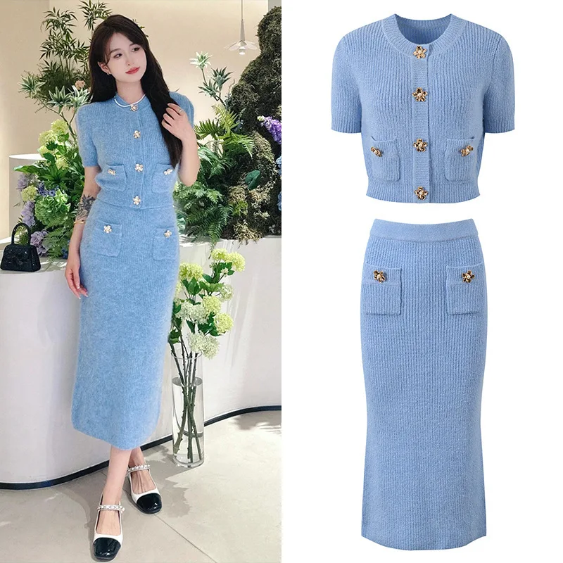 Luxury Designer Autumn Blue Knitted Two Piece Set For Women Diamonds Button Cardigans Long Pencil Skirts 2pcs Outfits