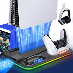 PS5 Vertical Stand Cooler with RGB Light & Dual Controller Charge Station 6 Game Slots PS5 Stand Cooling Fan for Playstation 5