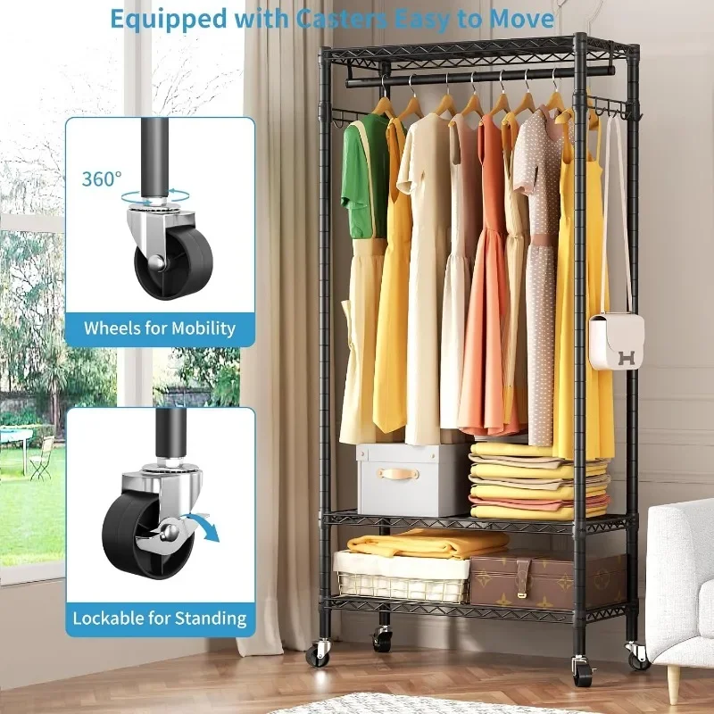 

Heavy Duty Clothes Rack Rolling Garment Rack,Wire Shelving Clothing Racks for Hanging Clothes with Hanger Rod&Side Hooks