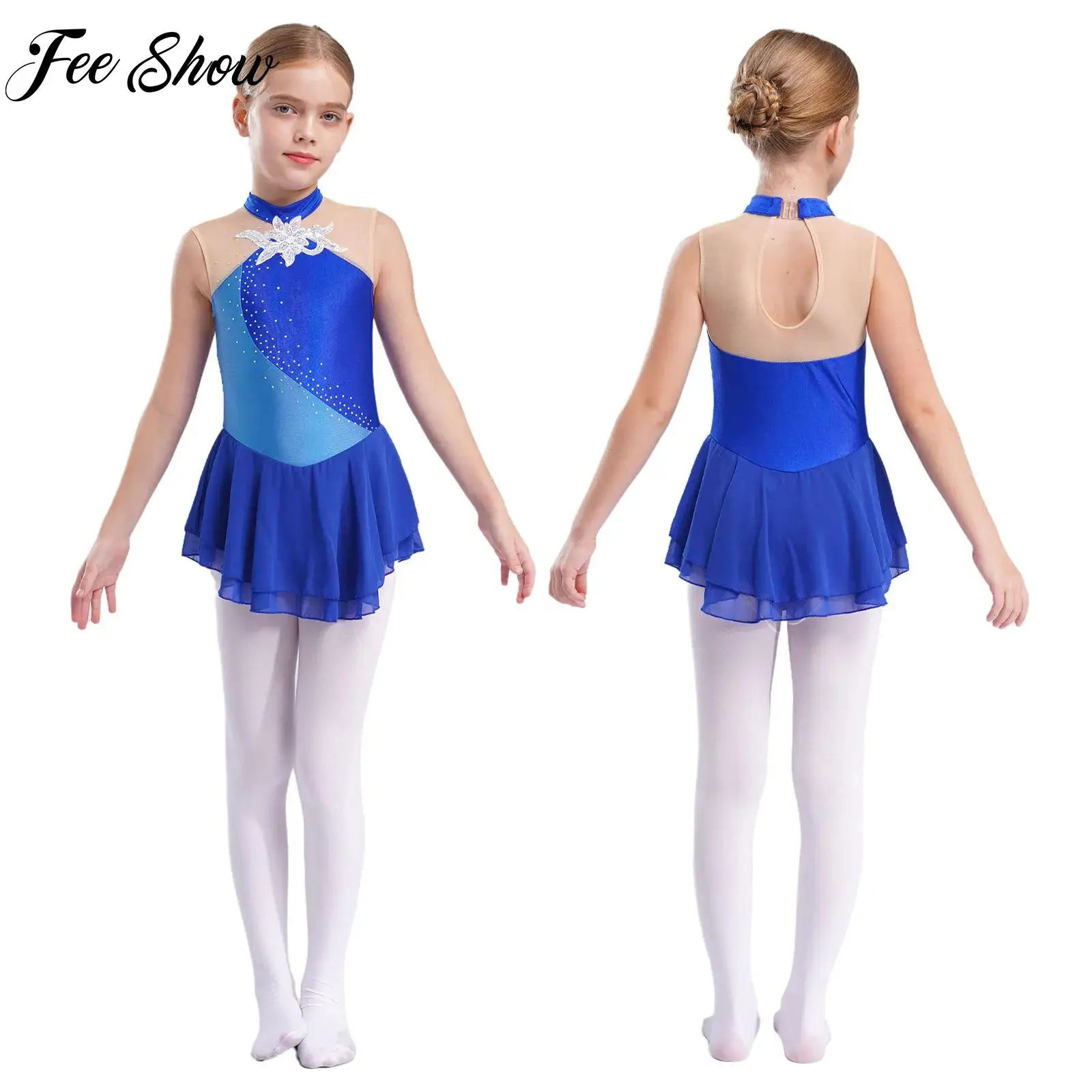 

Child Girls Sleeveless Figure Skating Dress Rhinestone Sequins Floral Ballet Gymnastics Dance Leotard Dress Performance Costumes