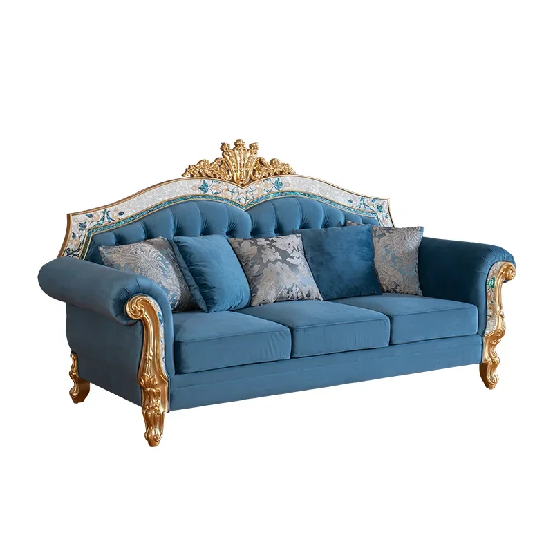 European luxury solid wood, carved sofa, French shell parquet luxury fabric sofa, coffee table villa furniture