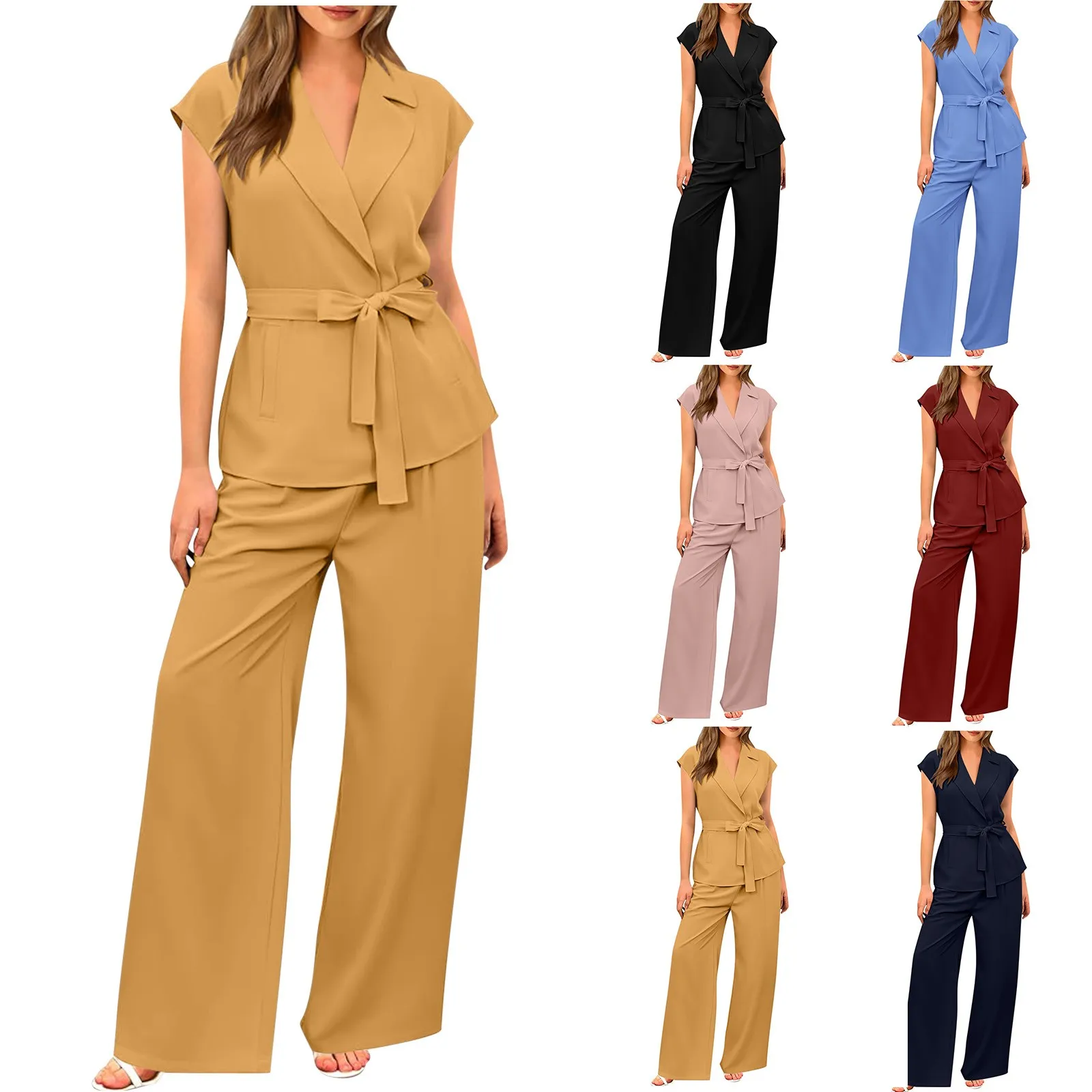 Two Pieces Suit Sets For Women Summer Outfits Cap Sleeve Business V-Neck Lace Up Vest Wide Leg Pant Sets Elegant Work Clothes