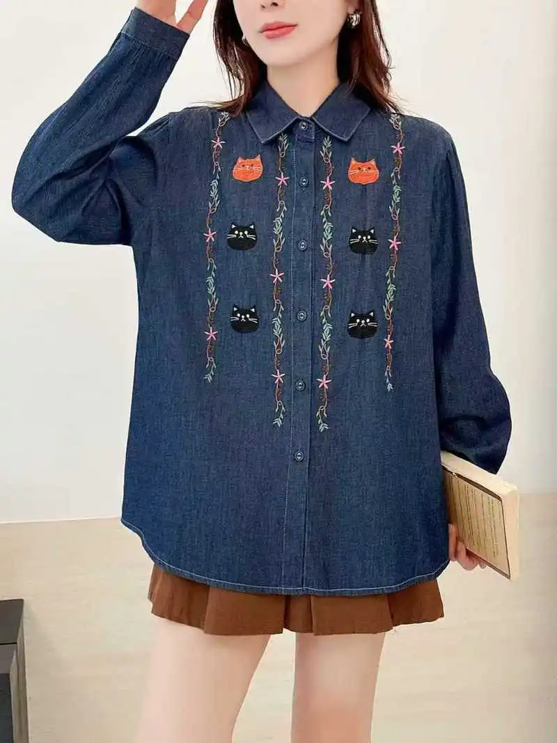 Japanese Vintage Mori Girl Cartoon Cat Embroidery Denim Shirts Women Autumn Turn Down Collar Long Sleeve Casual Jeans Blouse Top