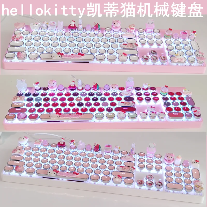 Sanrio Cartoon Customized  Mechanical Keyboard 104 Keys Hellokitty Customized  Anime Keyboard Hot Plug Green Tea Red Axis