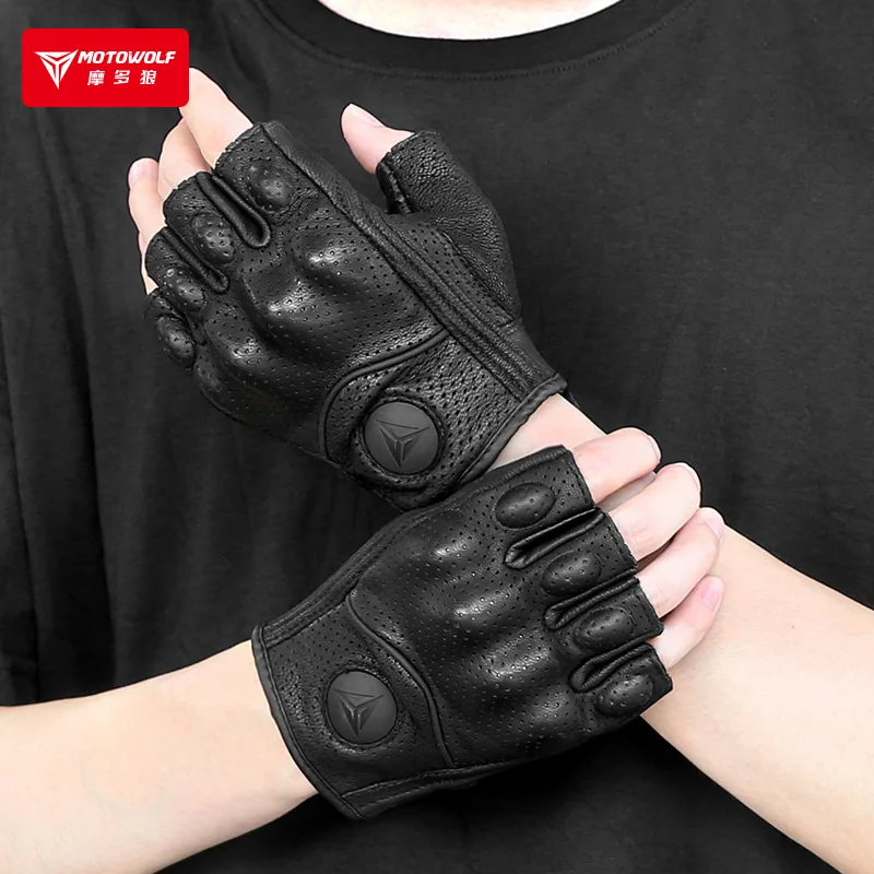 

Motowolf Summer Motorcycle Fingerless Gloves Men Leather Perforated Half Finger Motorcyclist Riding Breathable Vintage Gloves