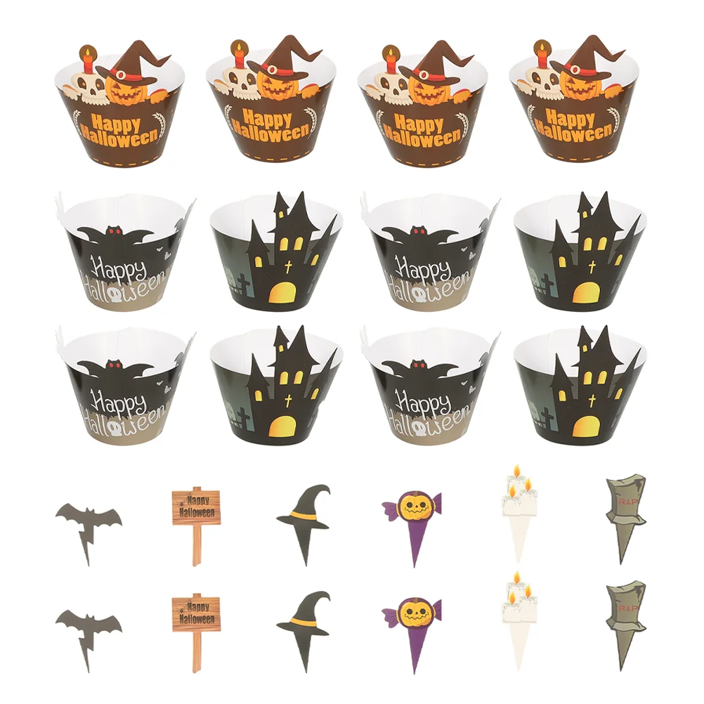 12 Sets Halloween Cake Insert Assorted Color Cupcake Wrappers Party Topper Paper Chic Decorations Dessert Toppers