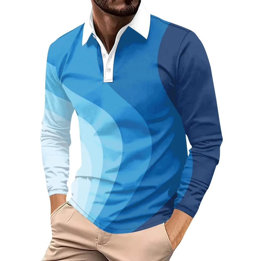 Color Blocking Print Polo Shirts Men Simple Fashion Lapel Golf Wear Men\'s T-Shirt Tops Street Sports Long Sleeve T-Shirt Man