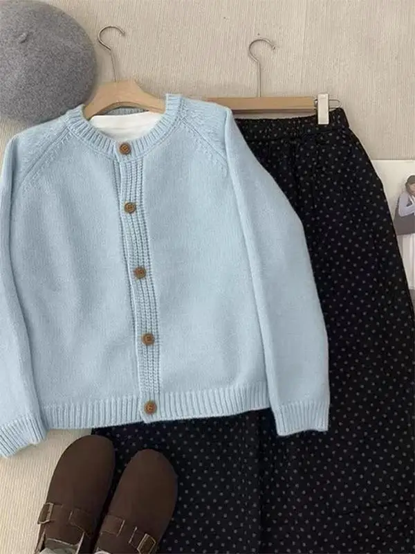 

Blue Knitted round Neck Open Cardigan Women's Top Autumn Winter Lazy Milk Series Sweater Jacket Korean Style Long Sleeve