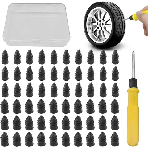 60PCS Tire Repair Rubber Nails Tire Puncture Repair Tool Kit with Screwdriver Vacuum Repair Tire Screw Plug Kit for Car MT Bike