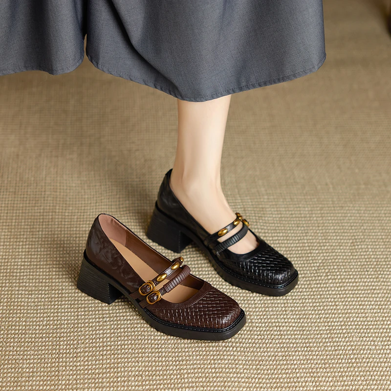 2026 new spring summer women pumps natural leather plus size 22-25cm cowhid+pigskin square toe thick heel buckle women shoes