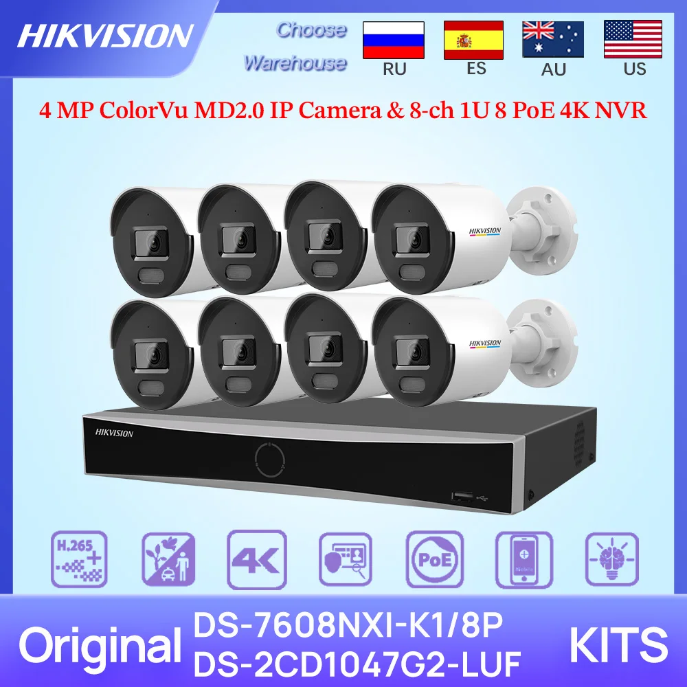 Hikvision Original CCTV Kits 4MP DS-2CD1047G2-LUF IP Camera 8-ch PoE AcuSense 4K NVR DS-7608NXI-K1/8P Video Surveillance System