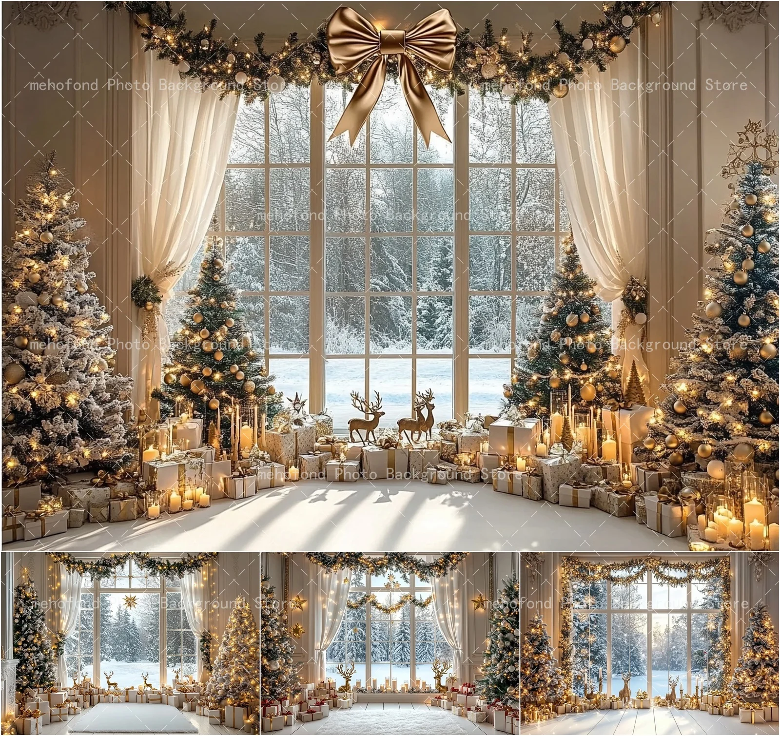 Mehofond Photography Background Winter Christmas Tree French Window Gift Box Golden Bow Kids Family Portrait Backdrop Decor