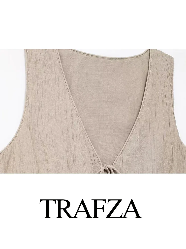 TRAFZA Elegant Women 2 Piece Set V-Neck Sleeveless Lace Up Texture Vest Top+Chic High Waist Drawstring Side Pockets Skirt TRAF