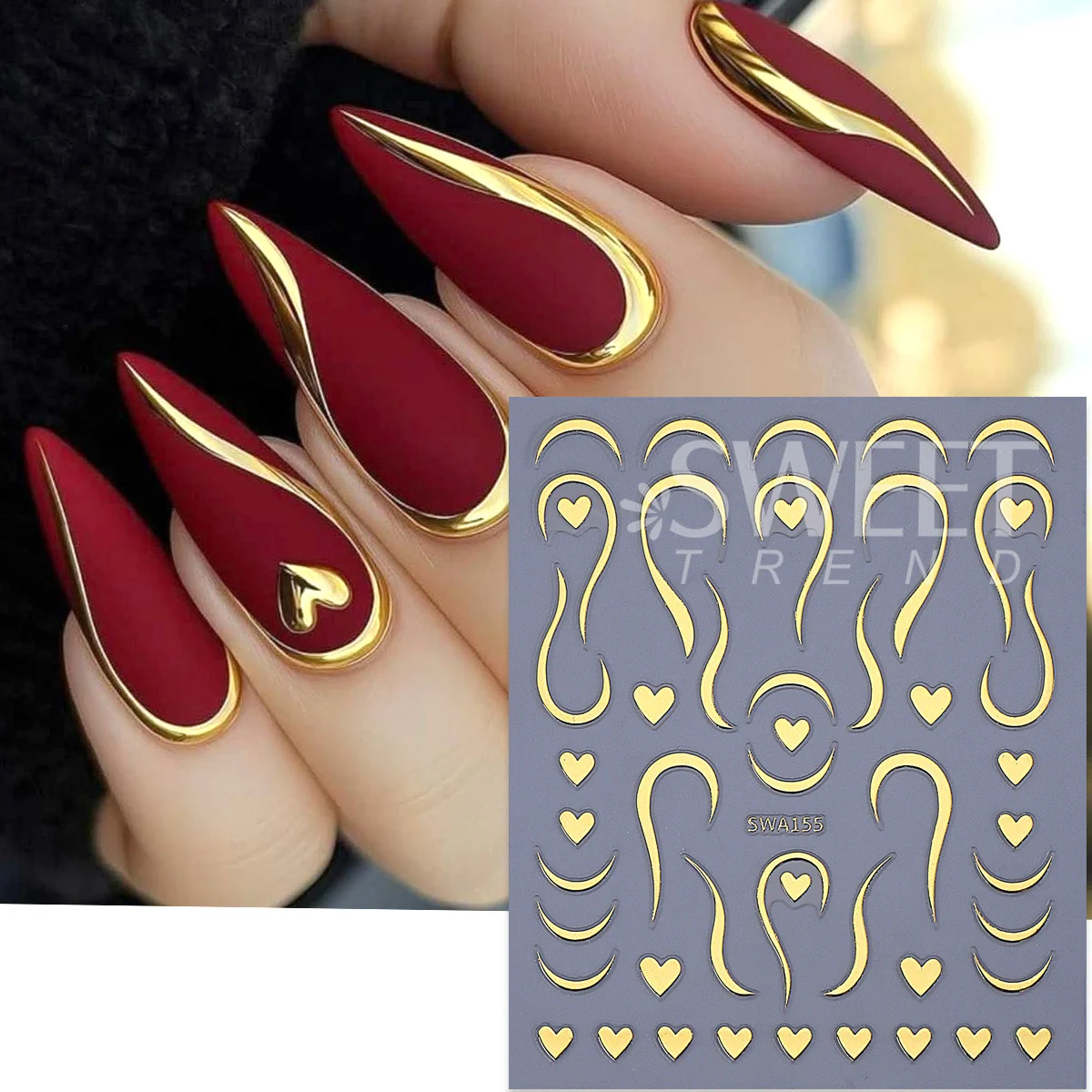 4pcs Metal French Love Heart Nails Stickers Gold Silver Wave Swirl Design Elegant Simple Charm Foils Valentine's Manicure Decor