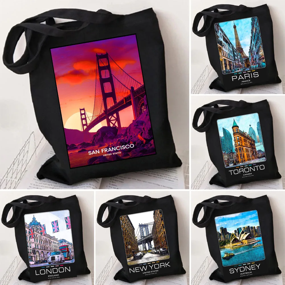 Paris London New York Cities Women Canvas Shoulder Bags Harajuku Handbag Totes Eco Shopper Reusable Cotton Foldable Shopping Bag