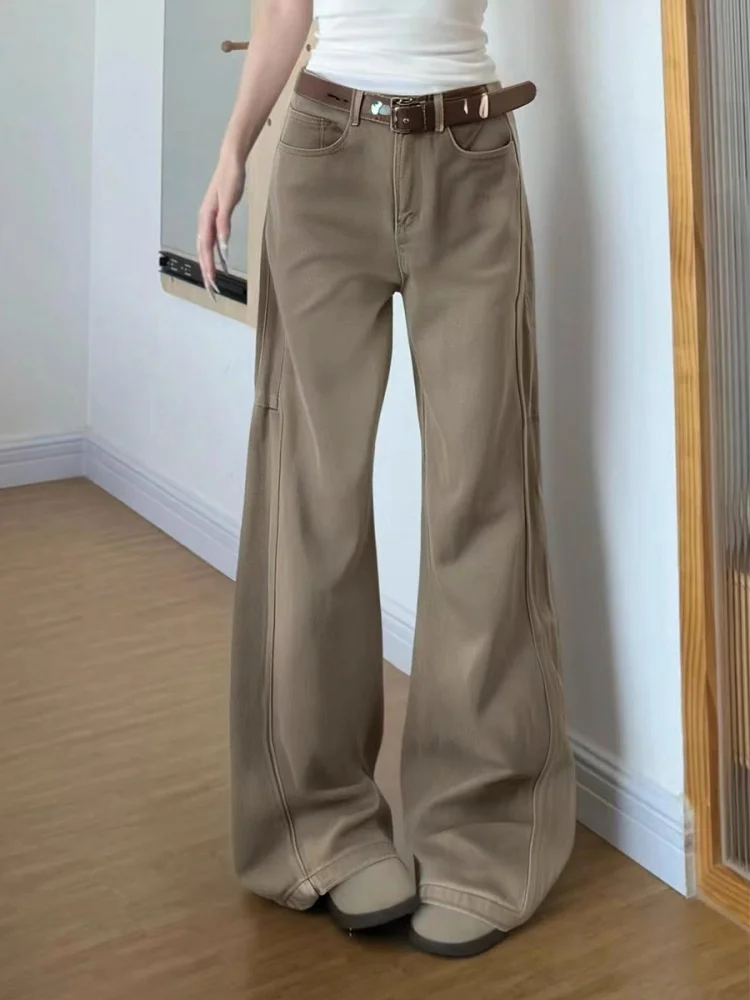 

High Waist Wide Leg Denim Jeans Women's Autumn Winter plus Size Pear Shape Loose Fit Straight Cut Khaki Color Retro Style