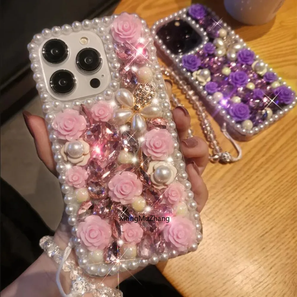 Deluxe Diamant-Perlen-Blumen-Handyhülle Passend für iPhone 18 17 16 15 14 Pro Max 13 12 11 3D-Blumen Transparente Armband-Hülle – Detail 7