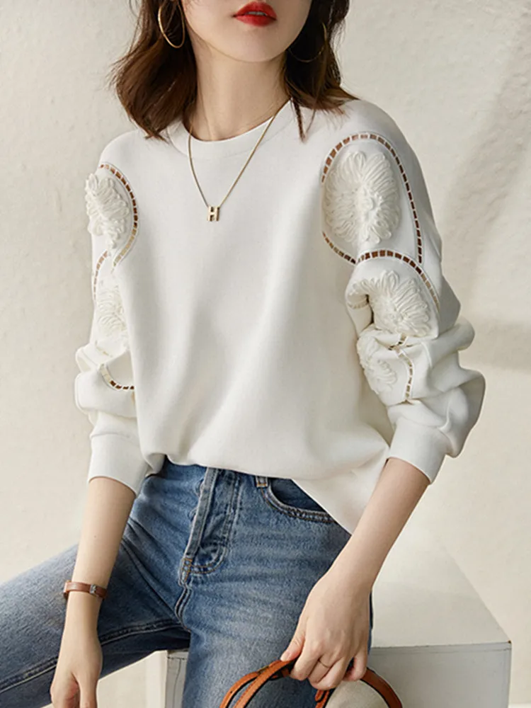 Felpa da donna europea Sle Jaet Primavera Autunno Vestibilità ampia ricamata Scava fuori Lungo Sve rotondo Ne Color