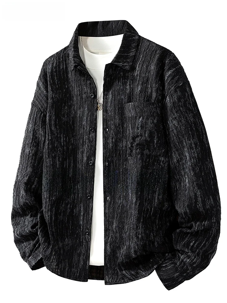 

Trendy Embroidered Knitted Loose Long Sve irt Stand Collar Spring Autumn Large Size Men's Faion Casual Polyester Fiber
