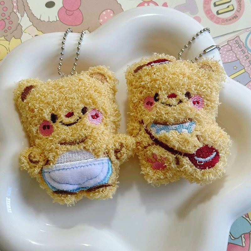 Cute Butter Bear Plush Toy Stuffed Apron Dressing Brown Bear Plushie Keychain Bag Pendant Hanging Decoration Plush Ornament Gift