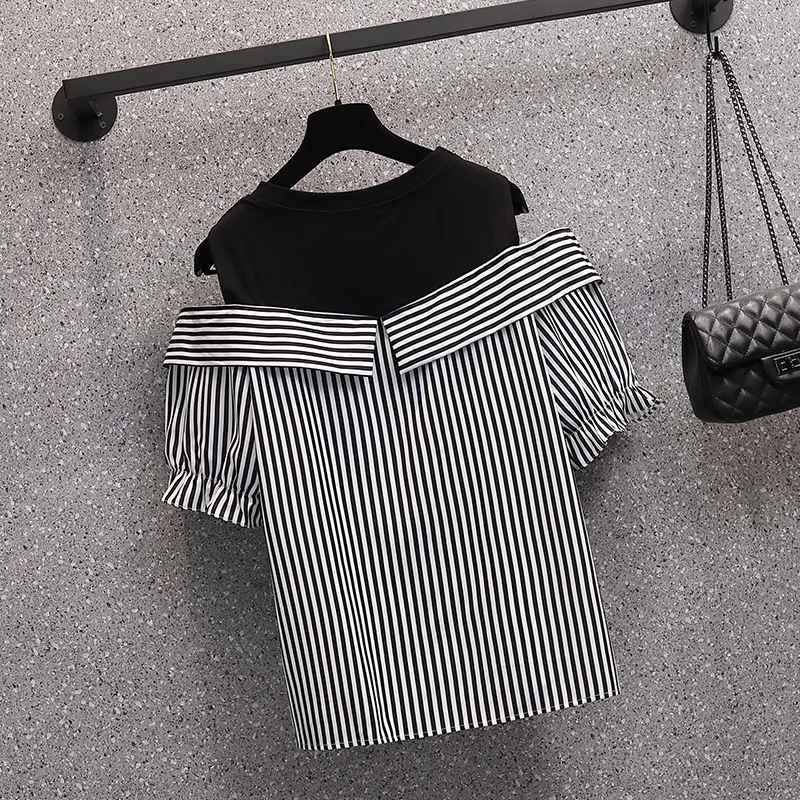 L-4XL Large Size  Fake Two Piece Blouses Women Summer Off Shoulder Oversize Shirt Striped Spliced Embroidery Letter Pullover Top