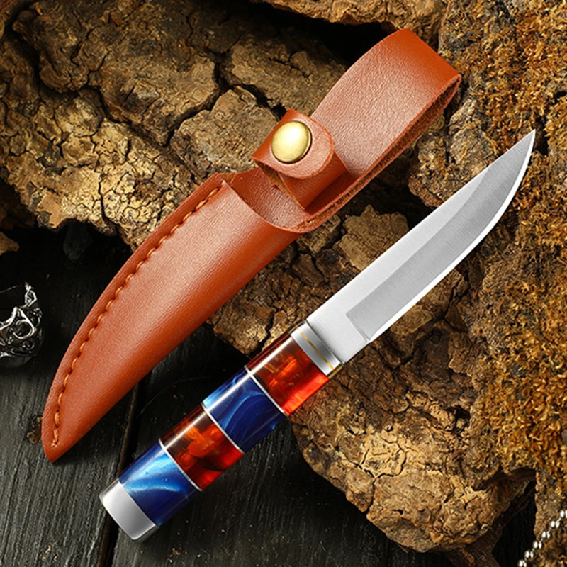 Resin Handle Sharp Stainless Steel Utility Small Straight Knife Outdoor Camping Cleaver Knife Fruit Knife Portable Fishing Knife