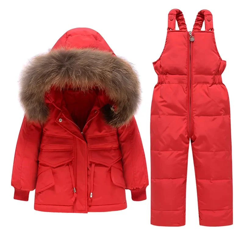 Winter Children Clothing Set Baby Boy Girl Clothes Warm Down Jacket Coat Jumpsuit Snowsuit Kids Parka Real Fur Overalls Overcoat