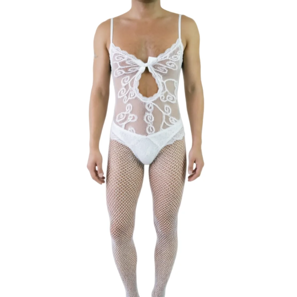 

Sissy White Bodysuits with Sling Men's Sexy Bodystockings Male Open Crotch Underwear Gentle Man Breathable Red Fishnet Nightgown