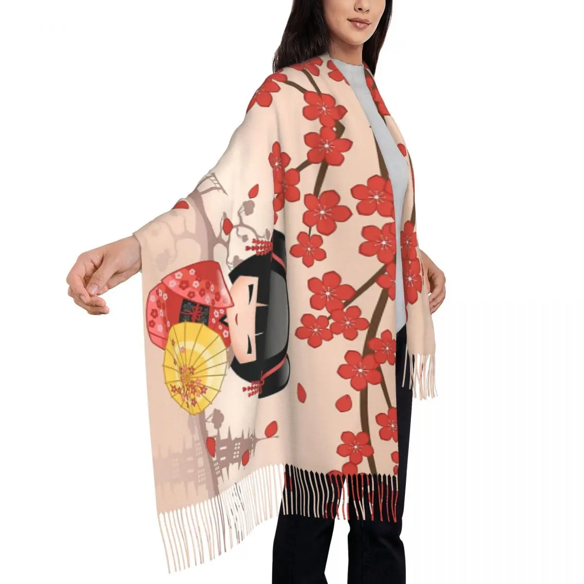 Bufanda de muñeca japonesa Sakura Kokeshi para mujer, chales de Cachemira cálidos de invierno, bufandas grandes con borla ligera