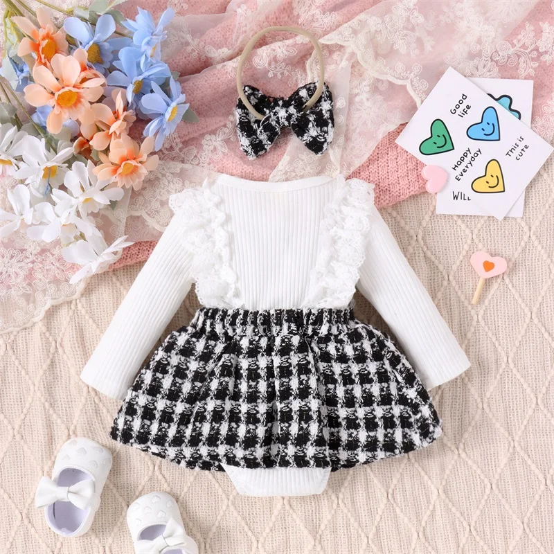 

Комбинезон с цветочным принтом для маленьких девочек, платье с бантом на голову, кружевные оборки, вязаная юбка в рубчик с узором «гусиные лапки», комбинезоны с подолом, одежда для новорожденных, боди