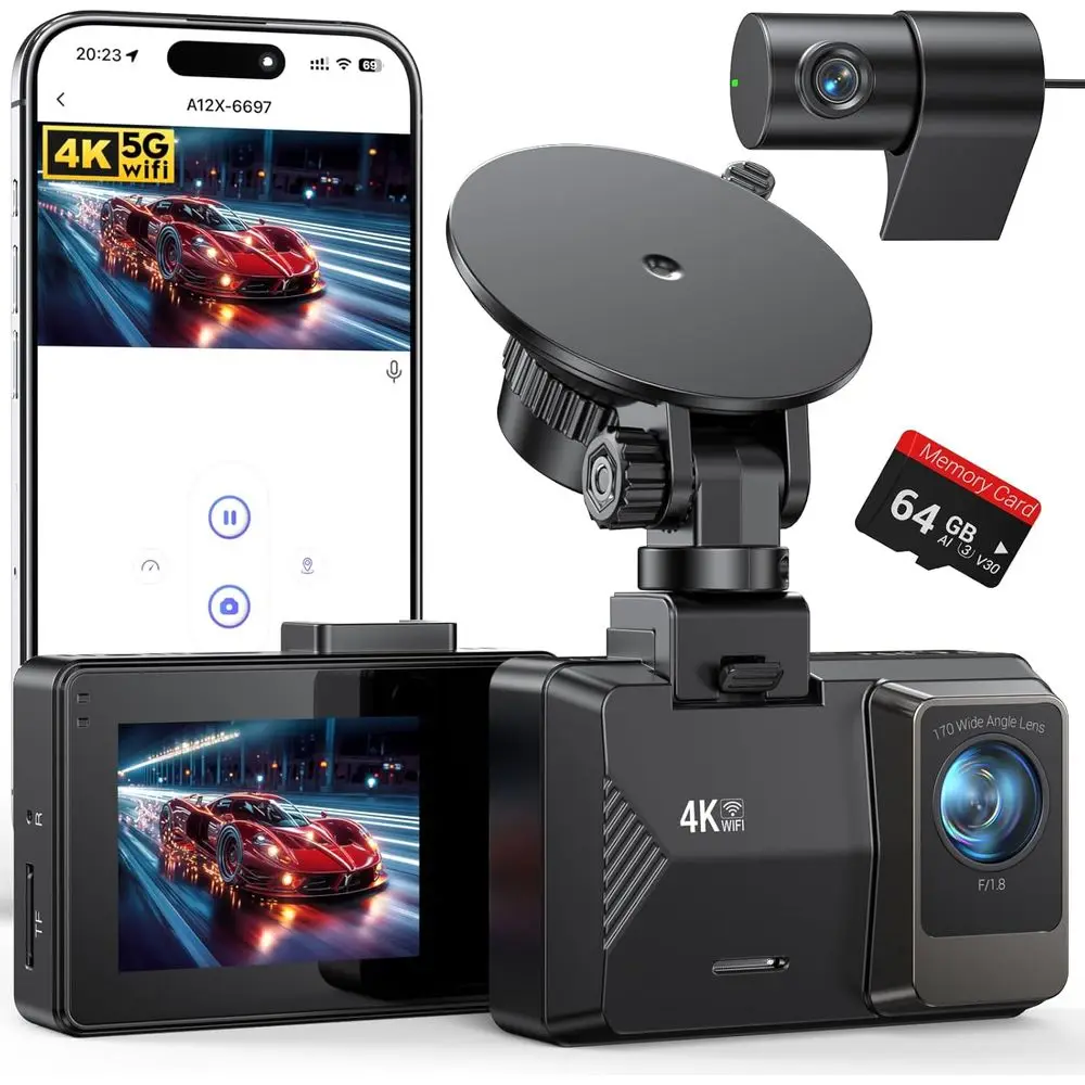 4K Dual Channel Car DVR with 64GB Card, 4K/1080P, 5G WiFi, App Control, 2.0 IPS Screen, Night Vision, G-Sensor, 170° View, Parki
