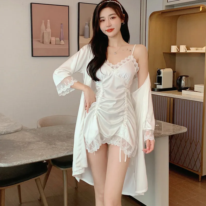 2Pcs Lace Robe Set Sexy Womens Sleepwear Nightgown Loungewear Satin Kimono Bathrobe Gown Nightdress Summer Lounge Wear