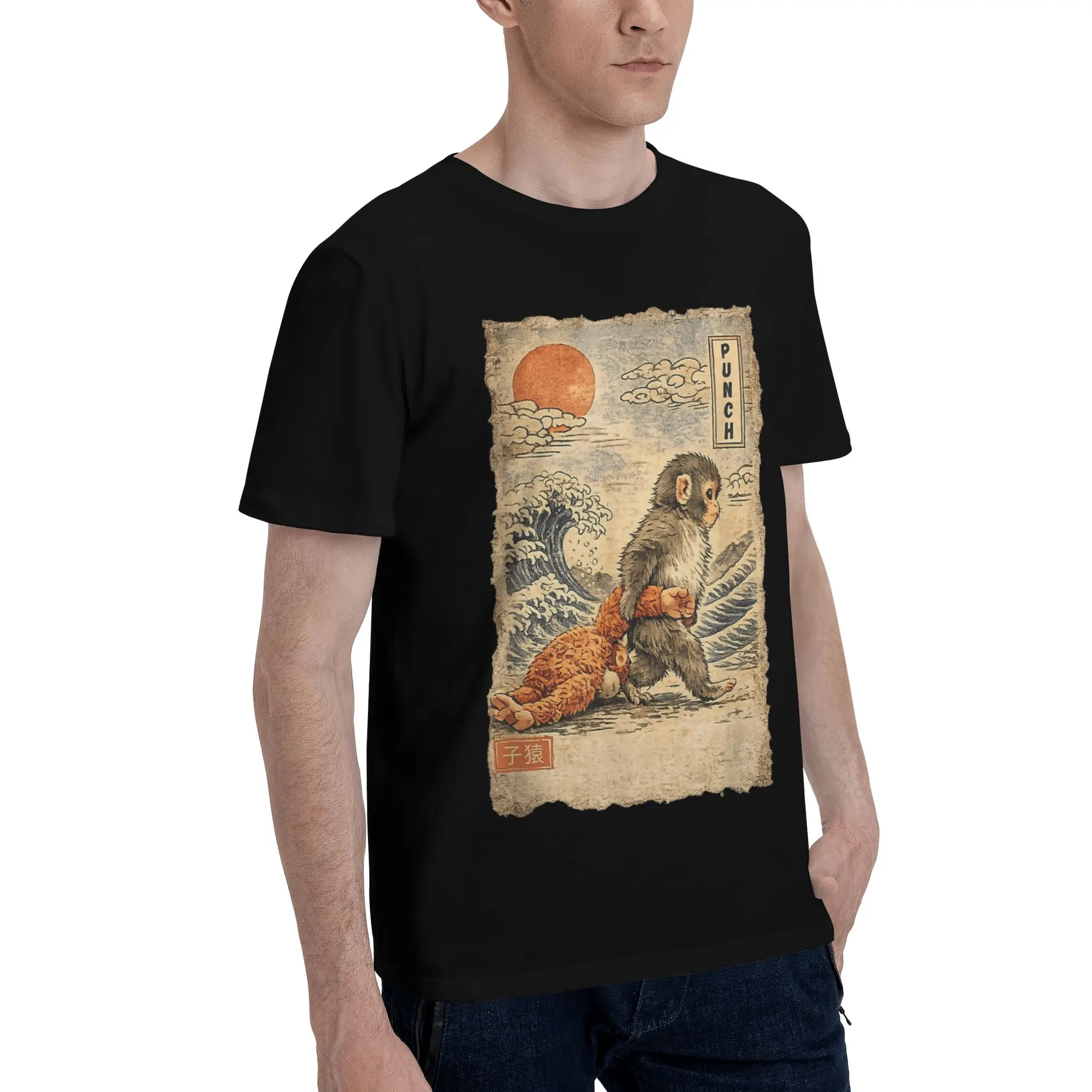 Kawaii Baby Monkey Punch Cute Japanese Macaque Art Men's T Shirt Tees Short Sleeve Crewneck T-Shirts Pure Cotton Plus Size