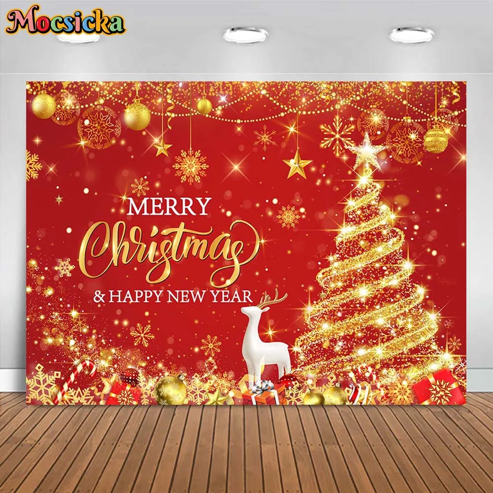 

Mocsicka Merry Christmas Party Decor Photo Background Golden Glitter Xmas Tree Snowflake Happy New Year Family Portrait Backdrop