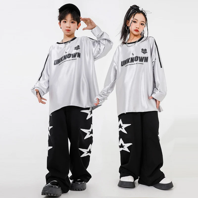 Children Street Dance Clothes Hiphop Streetwear Black Tops Loose Star Cargo Pants Kpop Outfit Jazz Dance Performance Suit DL1175