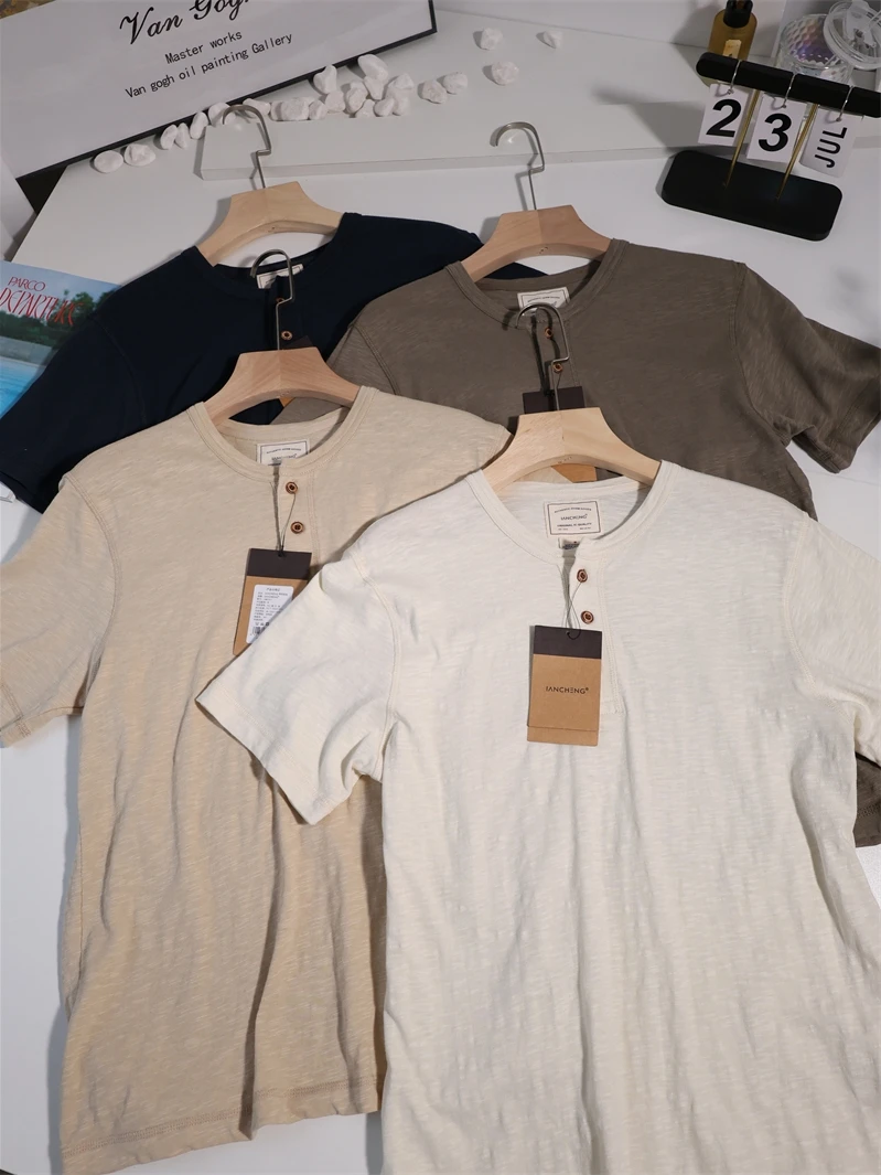 Lightweight Bamboo Cotton Linen ort Sve T-irt Men's Summer Breathable  Color Casual Henry Collar Hard Man T-irt