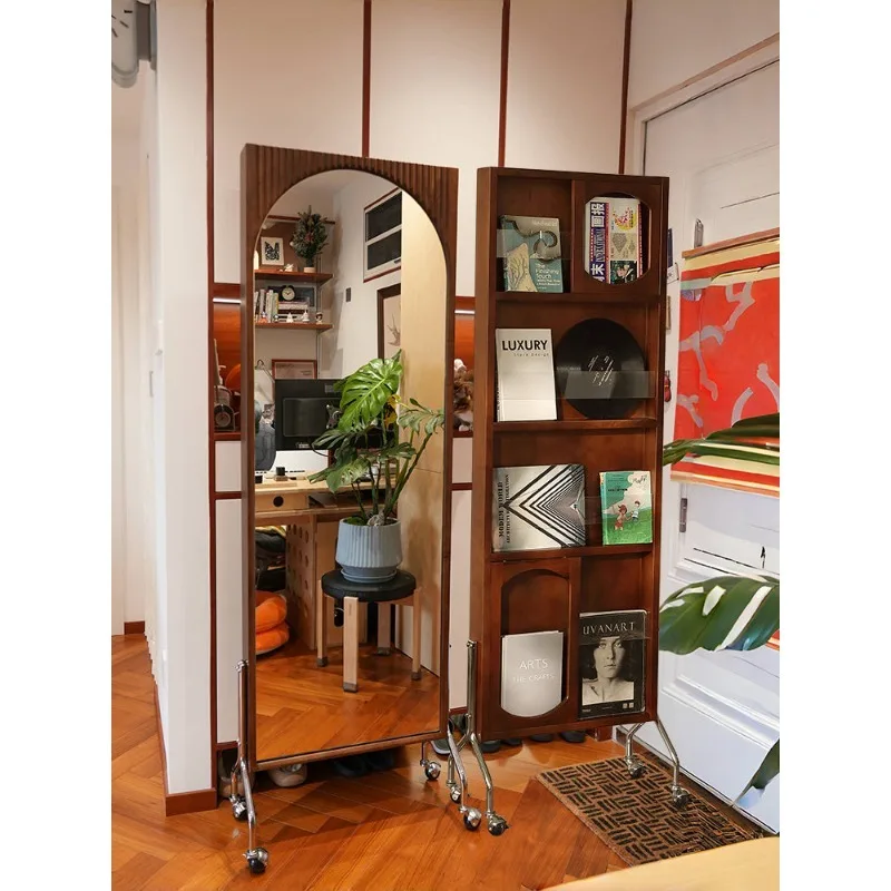 Log Solid Wood Walnut Full Body Mirror Book Rack Magazine Medieval Vintage French Rotating Comb Makeup Mirror Floor