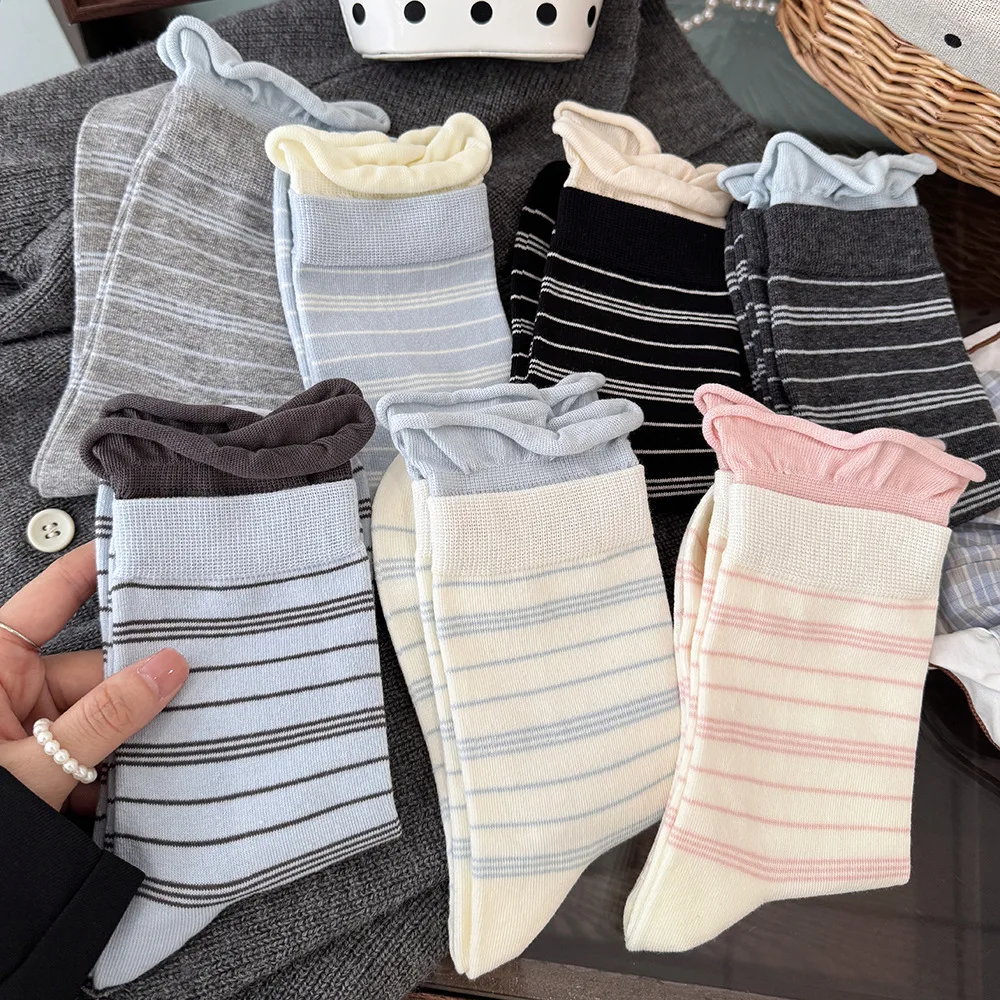 

Women's Socks Korean Retro Rolled Edge Striped Kawaii Preppy Style Casual Mid Tube Socks High-quality Soft Cotton Socks For Girl