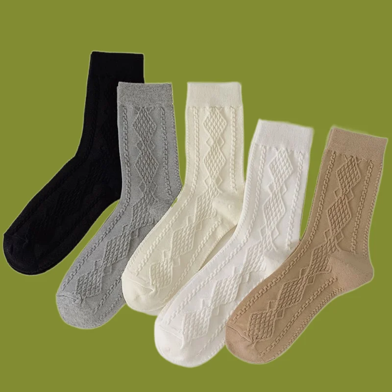 

5/10 Pairs New Fashion Retro Relief Classic Color Mid-tube Socks Simple And Versatile Pile Socks Autumn And Winter Women's Socks